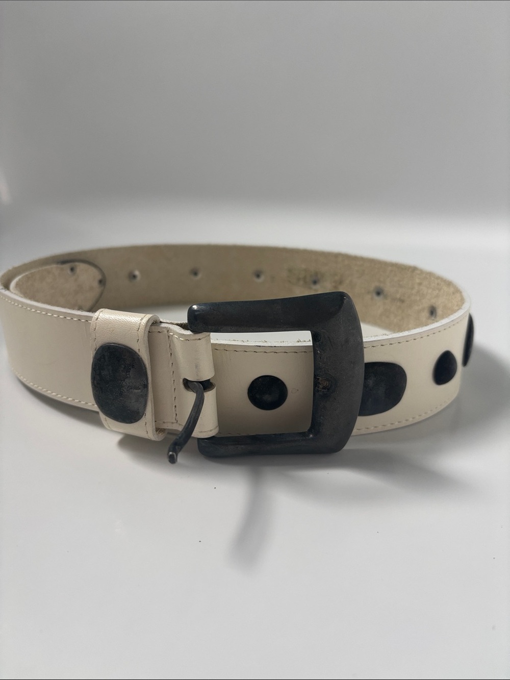 Women’s Cream Leather Belt with Contrasting Black Studs and Buckle